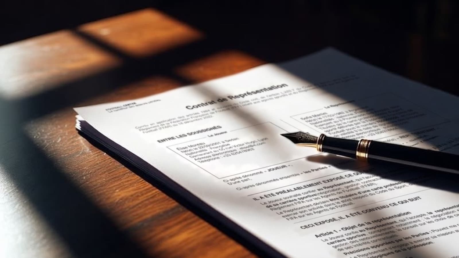 Un contrat de représentation posé sur un bureau en bois, un stylo-plume en travers de la page, dans un rai de lumière